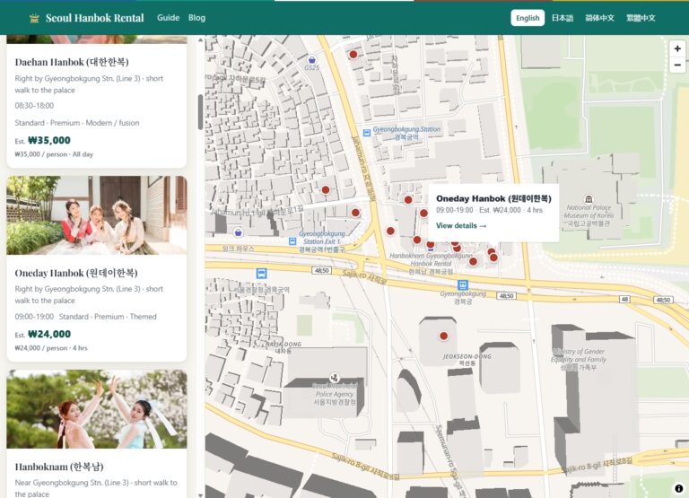 The seoulhanbok.com map comparing hanbok rental shops near Gyeongbokgung and Bukchon in Seoul