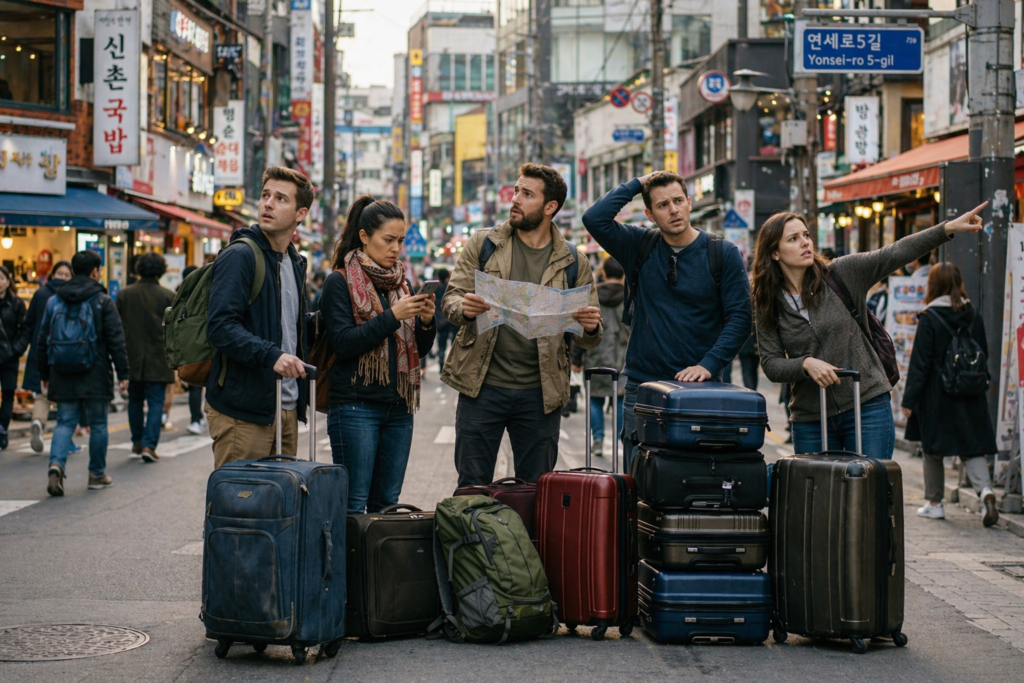 Overhead flat lay of surprising travel rental items in Seoul — portable smart screen, rollator, instant camera, power bank, and folding wagon arranged on neutral background for 2026 complete rental guide