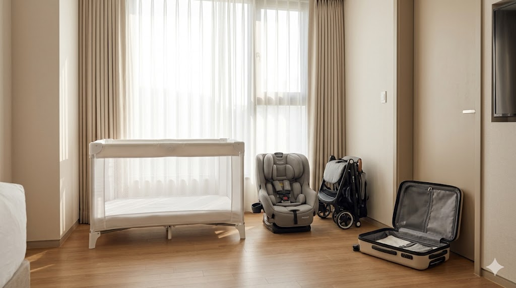 Portable baby crib, car seat, and compact stroller arranged in a modern Seoul hotel room — KPLANZ baby gear rental