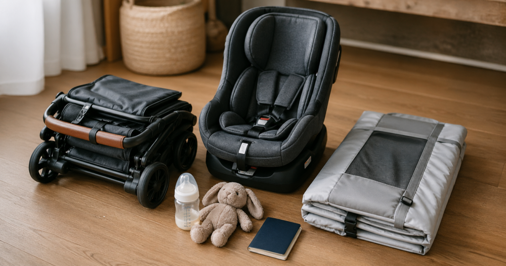 Compact travel stroller and car seat ready for a family trip to Seoul — baby gear rental options in Korea