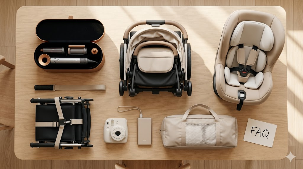 Flat-lay of Seoul travel rental items — stroller, car seat, Dyson hair tool, instant camera, and travel crib arranged on a wooden table — KPLANZ rental FAQ