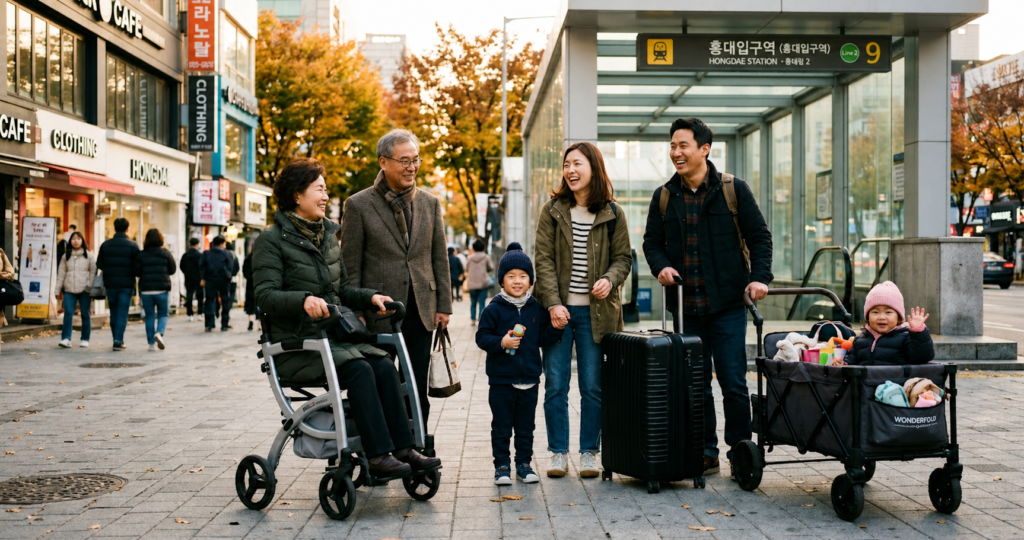 Multi-generation Korean family with grandparents, parents, and two children using a stroller wagon and rollator outside Hongik Univ. Station Exit 3 in Seoul